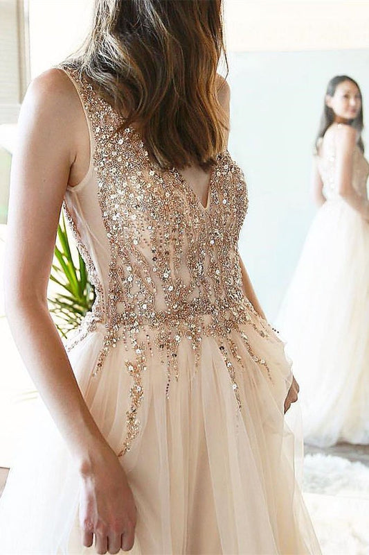 Elegant Tulle V Neck Beaded Rhinestones A-line Prom Gowns Slit Long Prom Dresses WK530