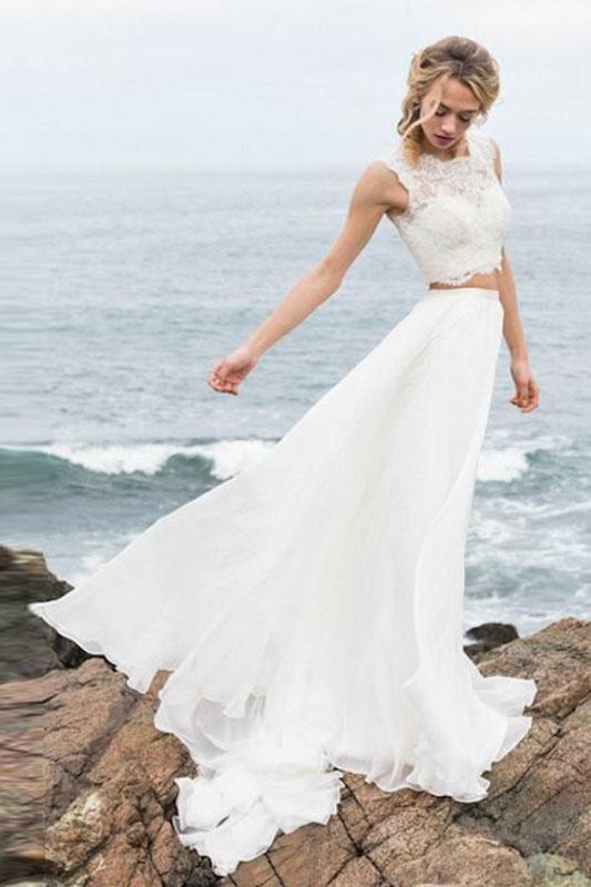 Elegant Two Pieces Straps Chiffon Wedding Dresses with Lace Beach Bridal Gowns W1026