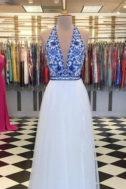 Elegant V Neck Halter White and Blue Embroidery Long Prom Dress with Slit Formal Dress WK926