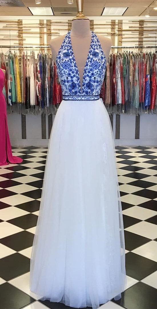 Elegant V Neck Halter White and Blue Embroidery Long Prom Dress with Slit Formal Dress WK926