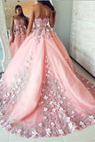 Ball Gown Pink Tulle Lace Applique Long Sweetheart Strapless Prom Dresses Evening Dresses WK255