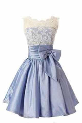 Elegant Scalloped-Edge Knee-Length Blue Homecoming Dress with White Lace Bowknot WK923
