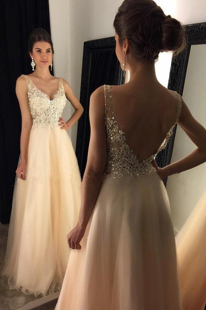 V-Neck Prom Dresses With Appliques Beaded Long A-line Tulle Prom Dresses WK101