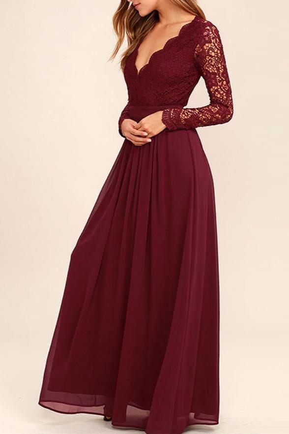 Long Sleeves V-Neck Lace Chiffon Open Back Floor-Length A-Line Burgundy Bridesmaid Dress WK168