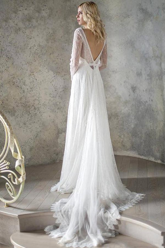 Elegant A Line V Neck Long Sleeve Ivory Lace Backless Beach Boho Wedding Dresses WK872