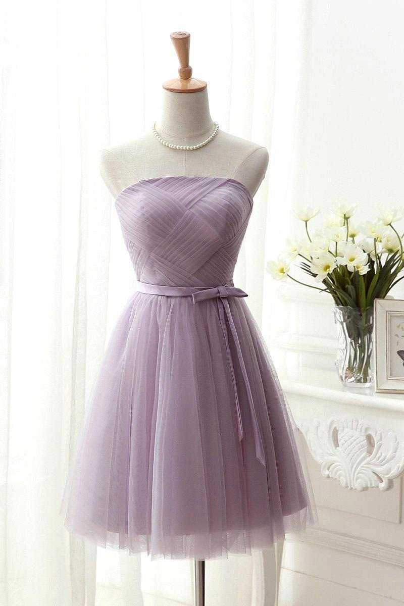 Elegant A-Line Strapless Purple Tulle Short Homecoming Dress with Bowknot WK96