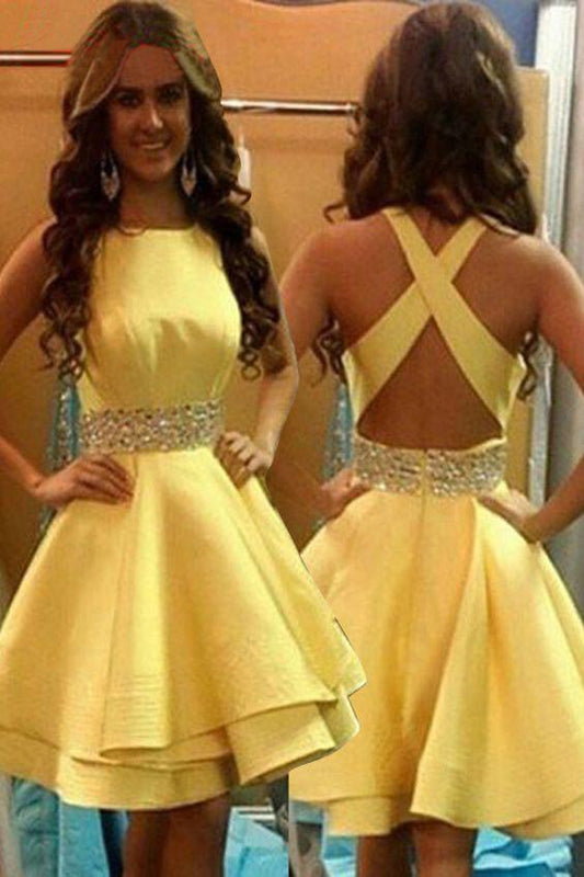 Elegant Jewel Above-knee Criss-Cross Straps Satin Yellow Homecoming Dresses with Beads WK79