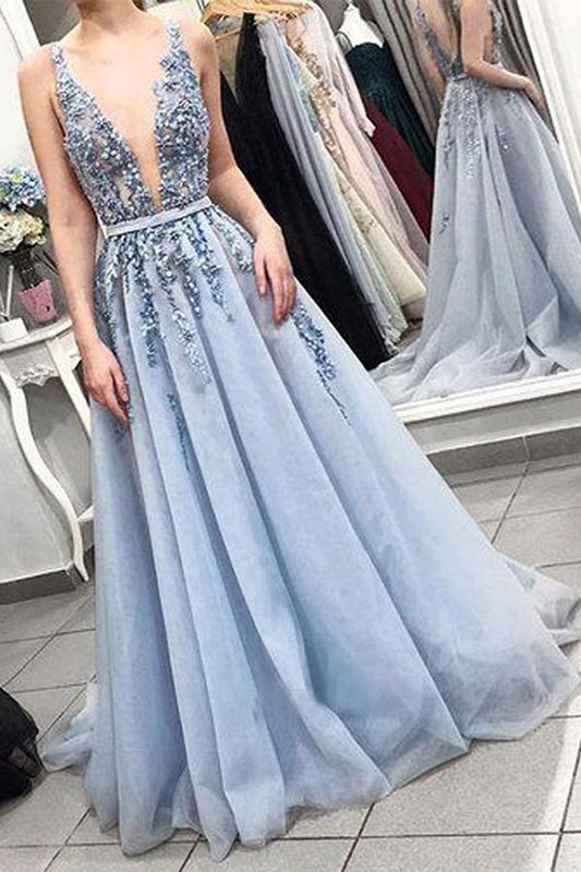 Delicate Sleeveless V Neck Backless Light Blue with Lace Appliques Long Prom Dresses WK268