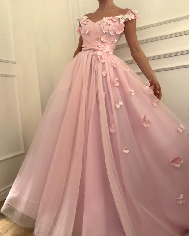 Flowers Beaded V Neck Off the Shoulder Prom Dresses Long Tulle Evening Gowns WK745