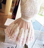 Cute Tulle Lace Round Neck Lace Appliques Two Pieces Short Homecoming Dresses WK952