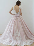 A Line Nude Tulle Pink Lace Appliqued Ball Gown Lace up Beach Wedding Dresses WK918