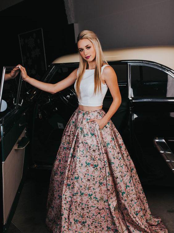 A Line Two Piece Floral Print Beautiful Prom Dresses with Pockets Evening Dresses WK322