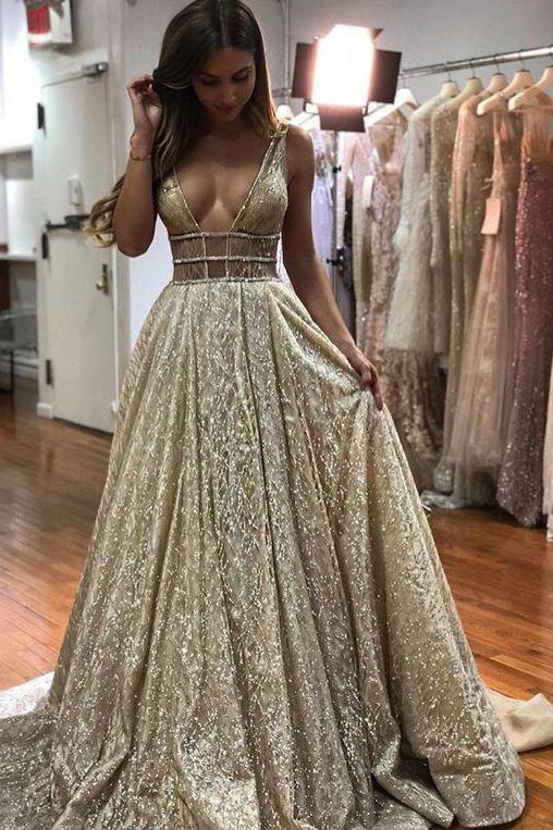Elegant Sparkly V Neck Open Back Sequin Shiny Long Sleeveless Prom Dresses WK105