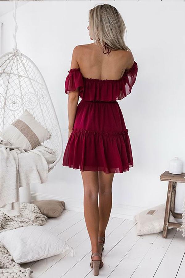 Chic Halter Backless Burgundy Chiffon Off the Shoulder Homecoming Dress with Ruffles WK678