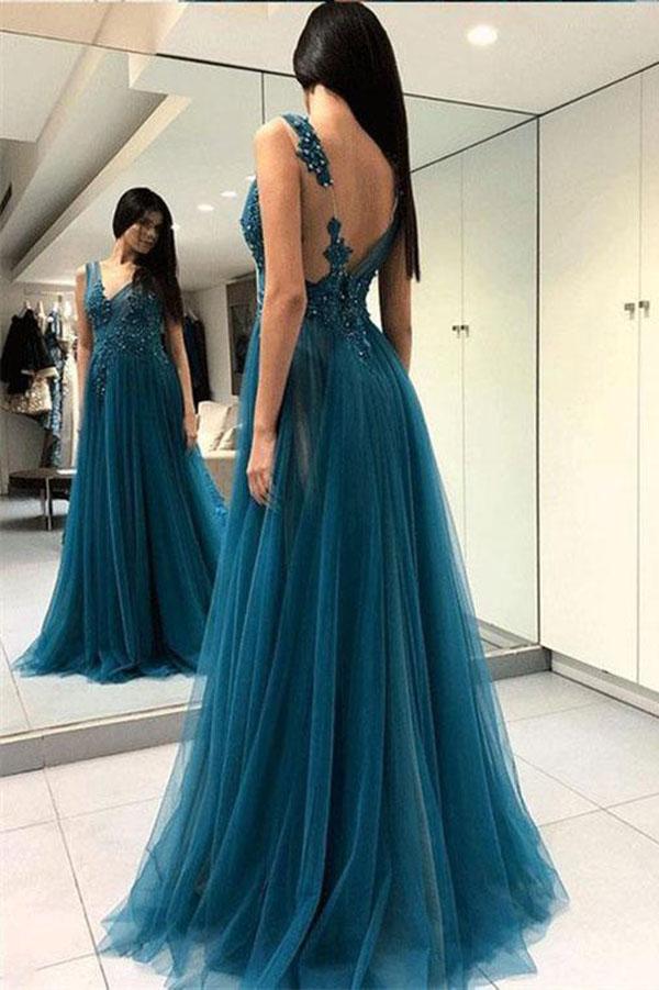 A Line Green V Neck Tulle Open Back Lace Beads Sleeveless Evening Prom Dresses WK769