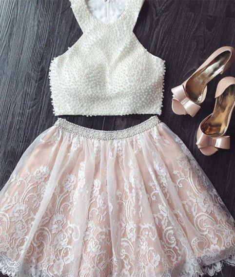 Fashion Two Piece A-Line Jewel Sleeveless Short Homecoming Dress With Beading Lace WK745