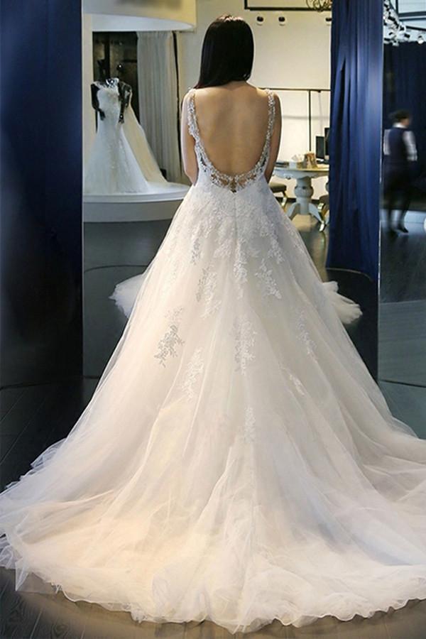 Elegant White A-Line Scoop Neck Tulle Backless Sleeveless Appliques Wedding Dress WK403