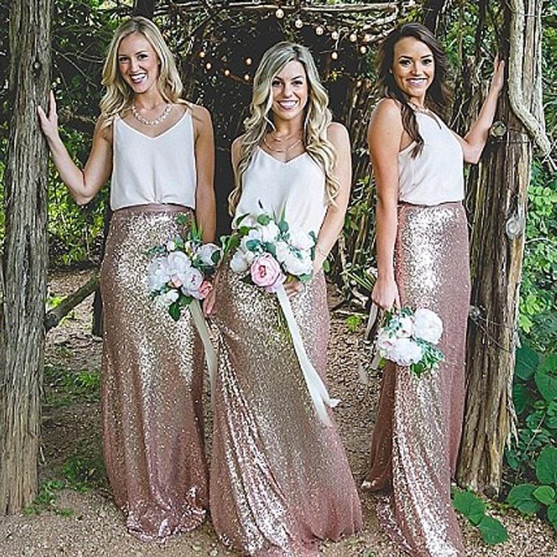 Elegant Sheath V-Neck Straps Sequined Floor-Length A-Line Sleeveless Bridesmaid Dresses WK294