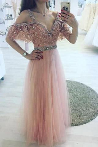 High Fashion A-Line V-Neck Off Shoulder Blush Pink Long Tulle Prom Dresses with Beads WK675