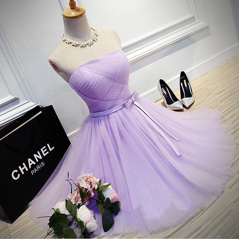 Elegant A-Line Strapless Purple Tulle Short Homecoming Dress with Bowknot WK96