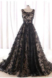 Black Round Neck Tulle Long Beads Lace A-Line Lace up Sleeveless Prom Dresses WK396