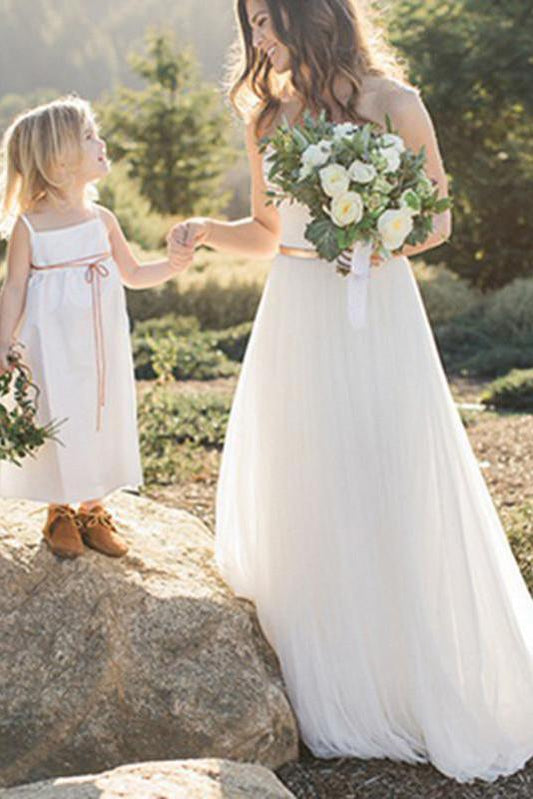 Elegant Ivory A-Line Sweetheart Floor-Length Tulle Long Sleeveless Wedding Dress WK414