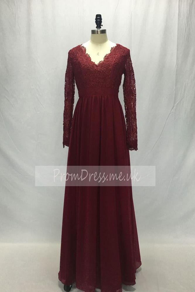 Long Sleeves V-Neck Lace Chiffon Open Back Floor-Length A-Line Burgundy Bridesmaid Dress WK168