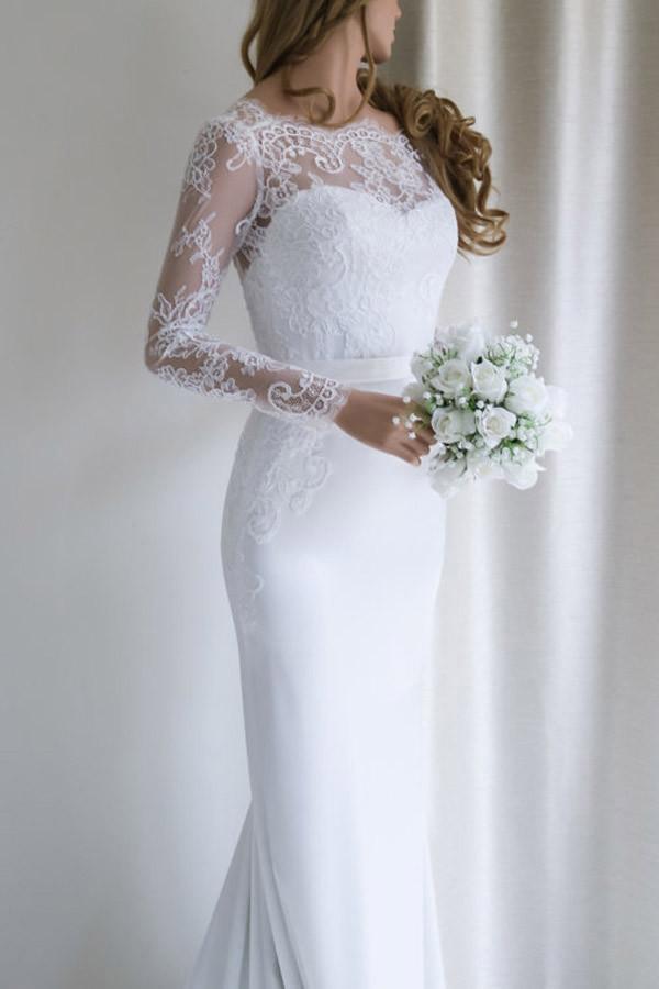 Elegant Lace Long Sleeves Mermaid Backless White Long Wedding Dress with Train WK164