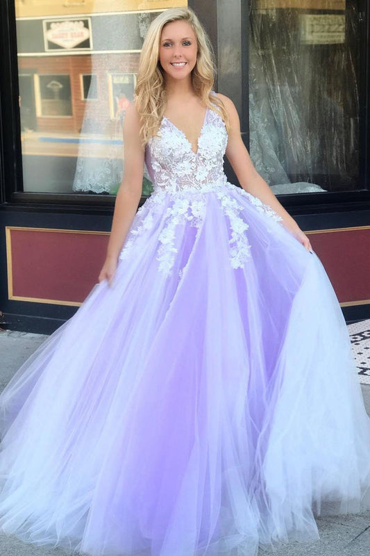 Gorgeous 3D Floral Appliques Tulle V Neck Lavender Prom Dresses Evening Dresses WK841