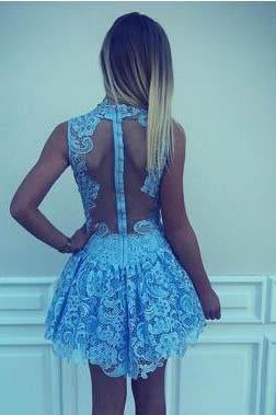 Cute A Line High Neck Blue Lace Appliques Illusion Short Cheap Homecoming Dresses WK892
