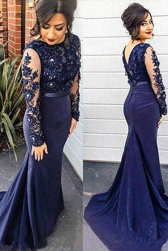 Mermaid Lace Scoop Navy Blue Beads High Neck Long Sleeve Plus Size Prom Dresses WK161