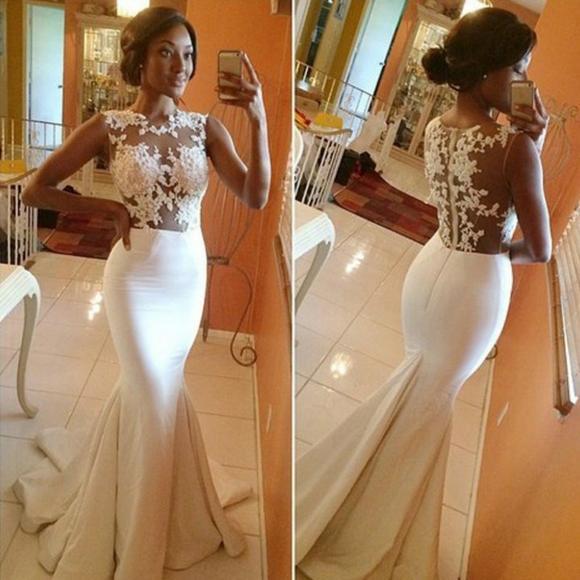 Lace Mermaid White Long Elegant Cap Sleeve Appliques High Neck Prom Dresses WK960