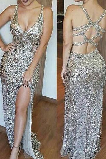 Luxurious Mermaid Long with Side Slit Sexy Backless Sequin V-Neck Sleeveless Prom Dresses WK772