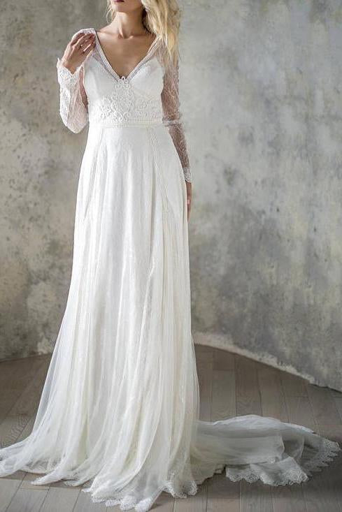 Elegant A Line V Neck Long Sleeve Ivory Lace Backless Beach Boho Wedding Dresses WK872