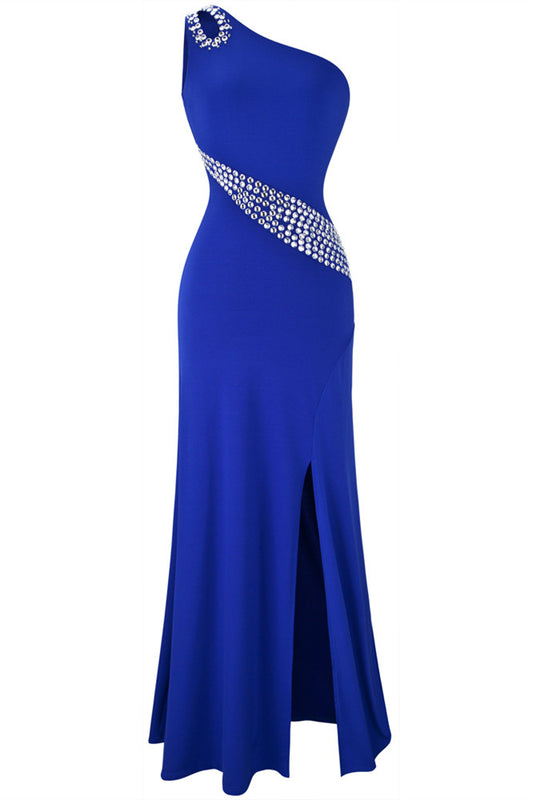 Hollow Out Rhinestones One Shoulder Slit Prom Dresses WK213