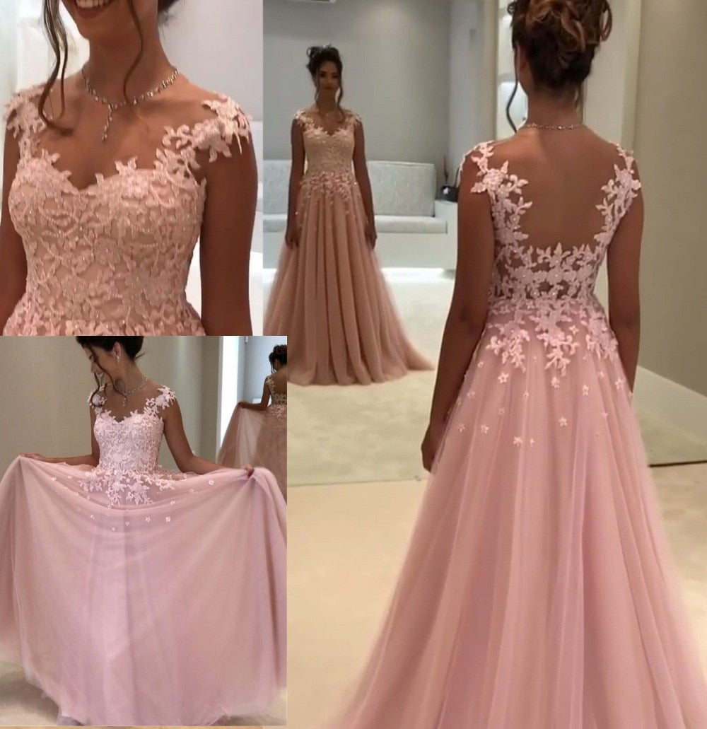 Elegant Pink Long V-Neck Appliques Sleeveless A-Line Chiffon Prom Dresses WK374