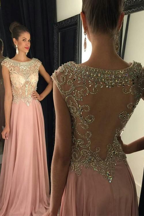 New Pearl Pink Backless Modest with Sparkle Cap Sleeves Beads Long Chiffon Prom Dresses WK91