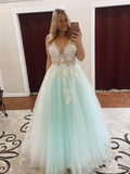 Elegant A Line Mint Green Tulle V Neck Prom Dresses with Lace Long Cheap Party Dress P1021