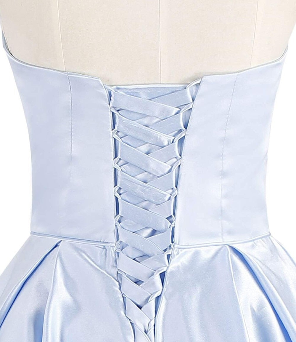Light Sky Blue Strapless Satin Lace up Knee Length with Pockets Homecoming Dresses WK836