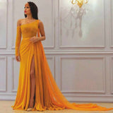 A Line Yellow One Long Sleeve Chiffon Prom Dresses High Slit Formal Dresses WK349