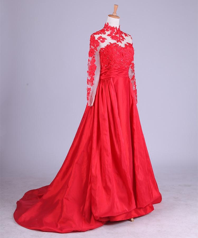 New Arrival Elegant Taffeta Applique Long Sleeve Empire Prom Gowns Evening Dresses WK857