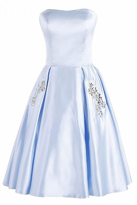Light Sky Blue Strapless Satin Lace up Knee Length with Pockets Homecoming Dresses WK836