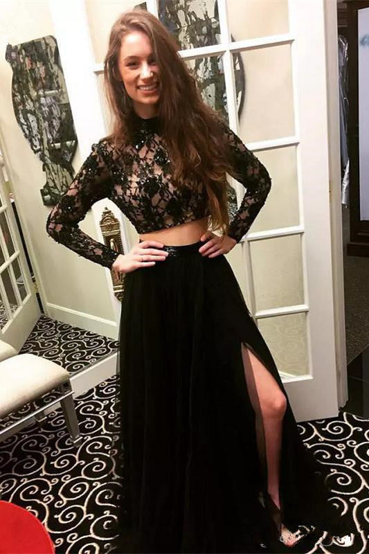 Long Sleeves Modest Black Two Pieces Beaded Lace Long Women Dresses Prom Dresses WK678