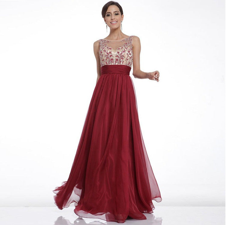 Hot Sales Lace Chiffon Champagne V-Neck Open Back Long Cheap Wine Red Prom Dresses WK31