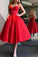 A-Line Spaghetti Straps Tea-Length Red Satin Prom Homecoming Dresses with Pockets WK86