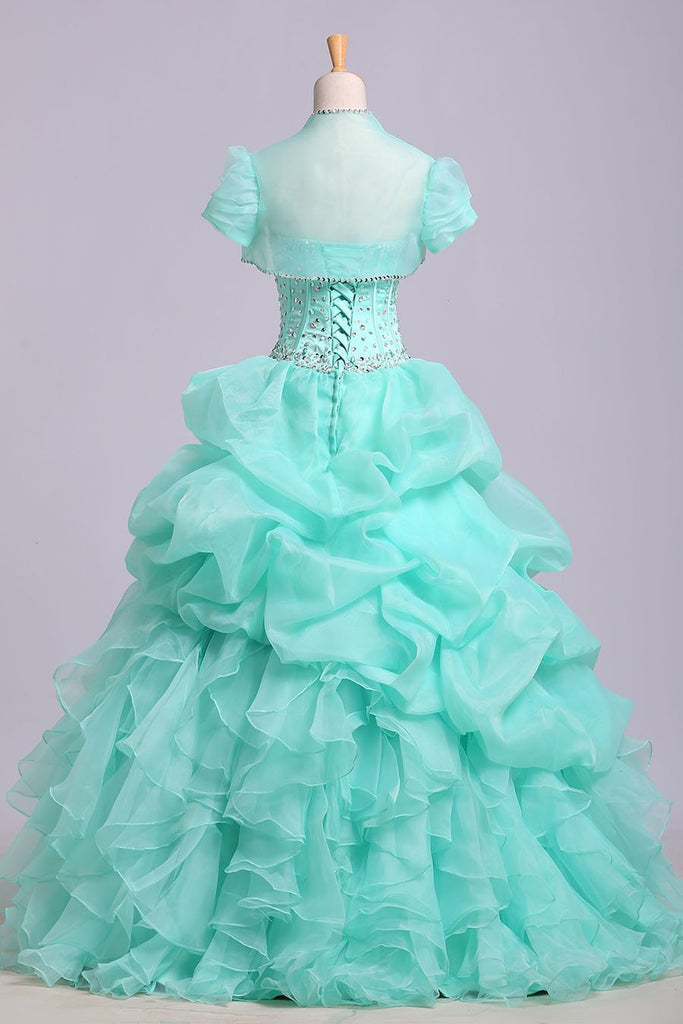 Ball Gown Sweetheart Organza Beads Lace up Ruffles Tiffany Blue Prom Quinceanera Dresses WK178