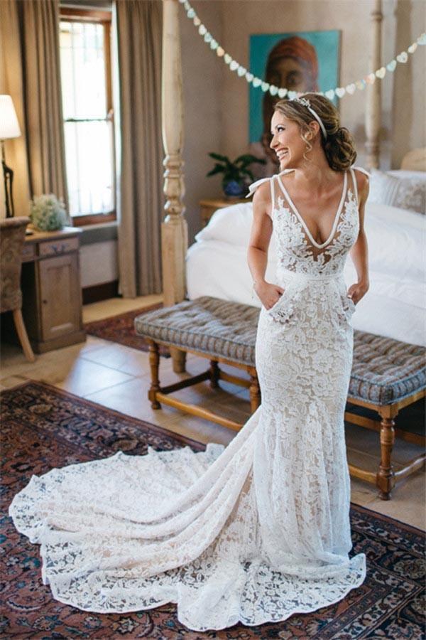 V-Neck Ruched Backless Lace Pockets Mermaid White Wedding Dress With Court Train WK303