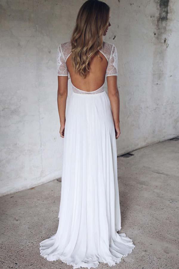 Half Sleeve Ivory Lace Illusion Beach Wedding Dresses with Chiffon Open Back Wedding Gowns W1087