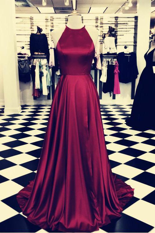 Halter Open Back A Line Red Sleeveless Prom Dresses Long Cheap Evening Dresses WK651