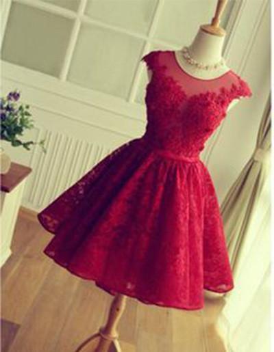 Red Lace Short Modest Appliques Sleeveless Open Back Pretty Homecoming Dresses WK246